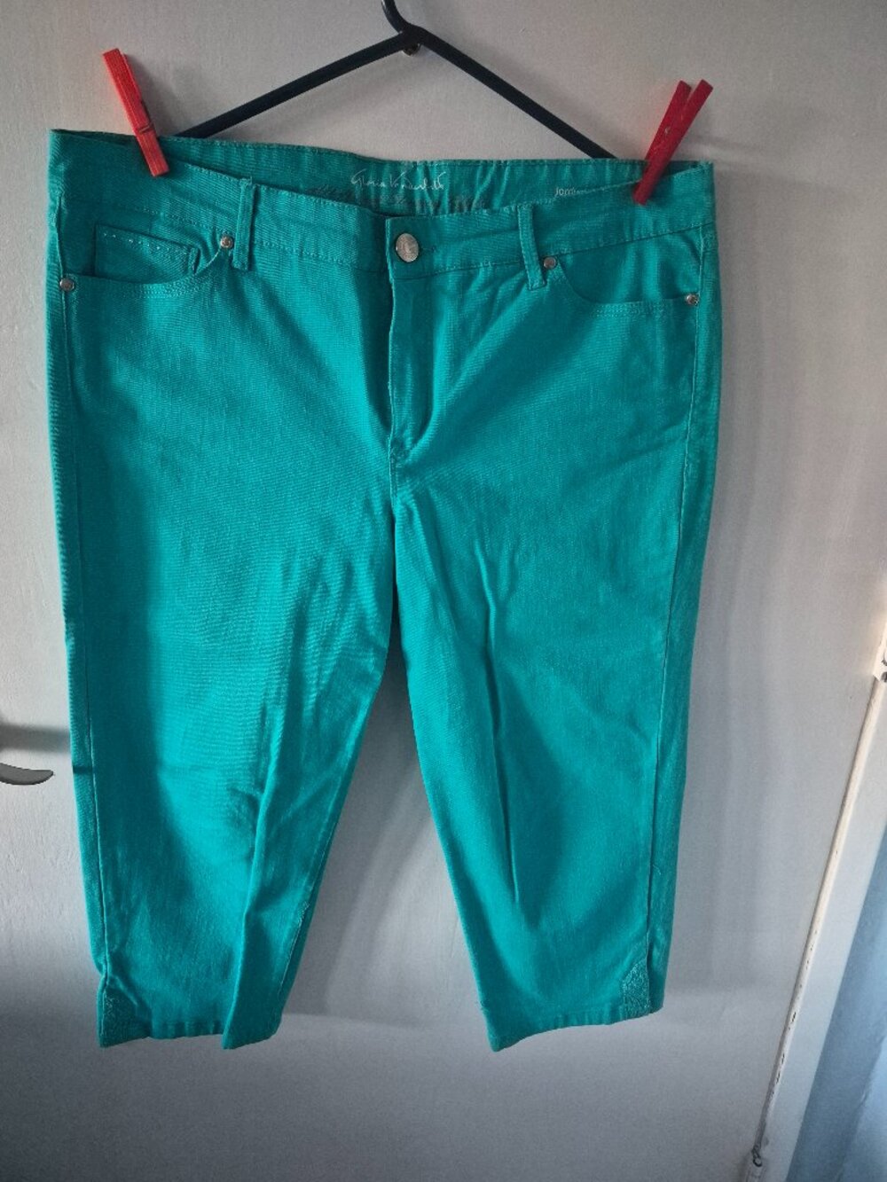 Turquoise, blingy, denim capris